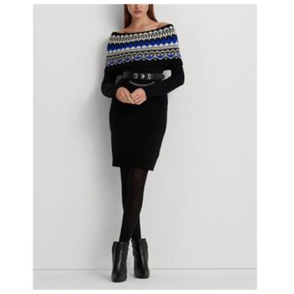 Lauren Ralph Lauren Black Label Fair Isle Off the Shoulder Sweater Dress Small